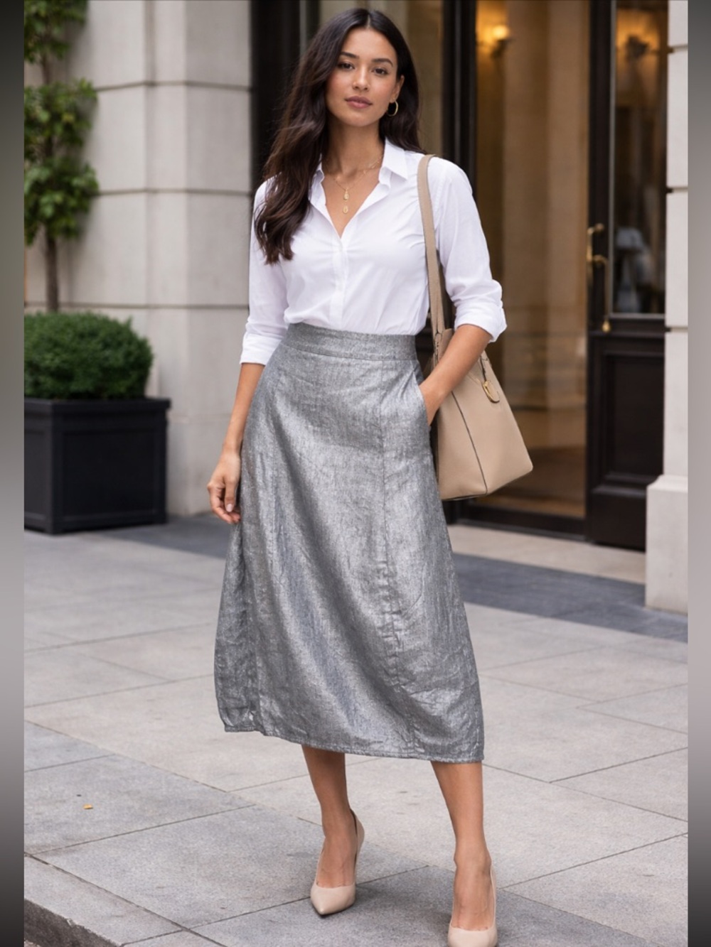 Eileen Fisher Silver Linen Blend Retro Lagenlook Bubble Hem Lantern Skirt Size M